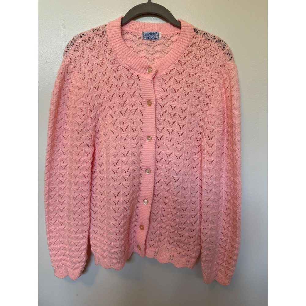 Vintage Pink Crochet Knit Cardigan round neck button up sweater size small